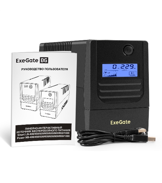 Источник бесперебойного питания ExeGate Smart LB-1000.LCD.AVR.2SH.USB (1000VA/650W, LCD, AVR, 2*Schuko, USB, батарея 12V 9Ah, черный)