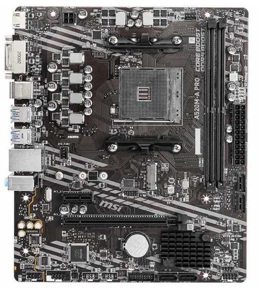 Материнская плата MSI A520M-A PRO, AM4, AMD A520, 2xDDR4, 4xSATA, 1xM.2, 1xPCIe 3.0 x16, 1xDVI-D, 1xHDMI, 1x 1Gb LAN, 2xUSB 2.0, 4xUSB 3.2 Gen 1, 3x3.5 мм, 7.1, mATX