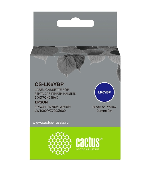 Картридж ленточный Cactus CS-LK6YBP черный шрифт, желтый фон (24 мм, 9 м) для Epson LW700/LW600P/LW1000P/Z700/Z900