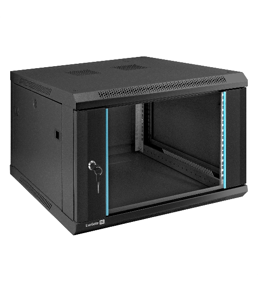 Шкаф телекоммуникационный 19' настенный 6U ExeGate EC-WM-6U.600.G.BLACK (19', 6U, 600x600x370 мм (ШхГхВ), передняя дверь закаленное стекло, съемные боковые панели, пыле- и влагозащита IP23, черный RAL 9004)