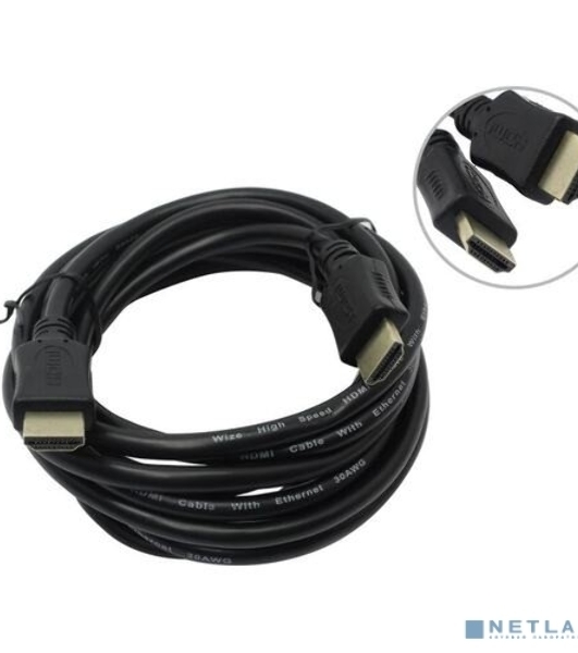 Кабель HDMI C-HM-HM-3M Wize, 3 м, v.2.0, 19M/19M, позол.разъемы, экран, черный, пакет