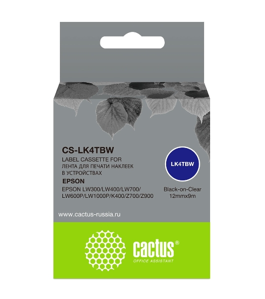 Картридж ленточный Cactus CS-LK4TbW черный шрифт, прозрачный фон (12 мм, 9 м) для Epson LW300/LW400/LW700/LW600P/LW1000P/K400/Z700/Z900
