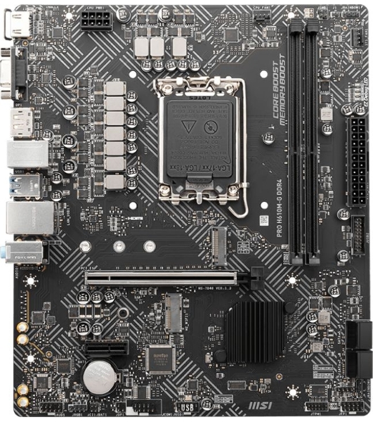 Материнская плата MSI PRO H610M-G, LGA 1700, Intel H610, 2xDDR5, 4xSATA, 1xM.2, 1xPCIe 4.0 x16, 1xPCIe 3.0 x1, 1xHDMI, 1xDP, 1xVGA, 1xRJ45 1Gb, 2xUSB-A 3.2 Gen 1, 4xUSB-A 2.0, 3x3.5мм, 7.1, mATX