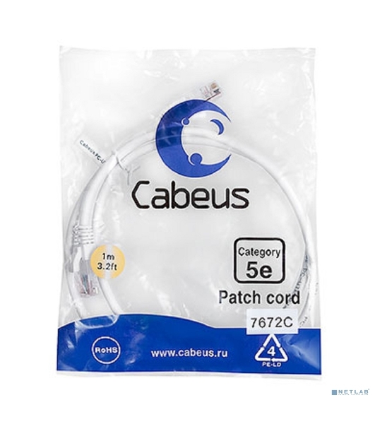 Шнур коммутационный Cabeus, Cat.5e, неэкр., U/UTP, RJ45/RJ45, PVC, AWG24, 1м, белый