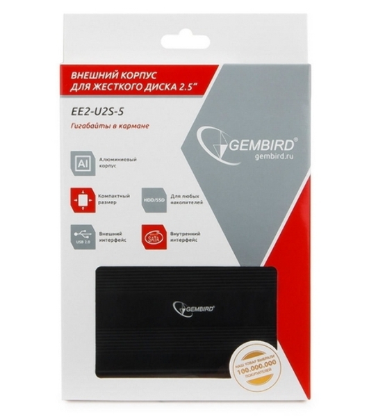 Внешний корпус для HDD Gembird EE2-U2S-5 2.5' EE2-U2S-5, черный, USB 2.0, SATA