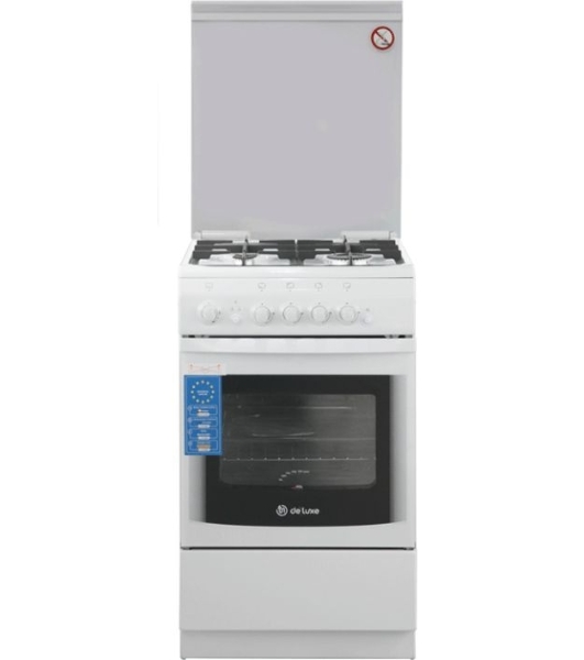 Плита Газовая De Luxe 506040.14г (кр) ЧР белый (стеклянная крышка) реш.чугун