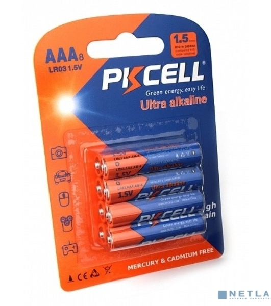 Щелочной/алкалиновый элемент питания PKCELL LR03-8B тип - AAА 8 шт в блистере