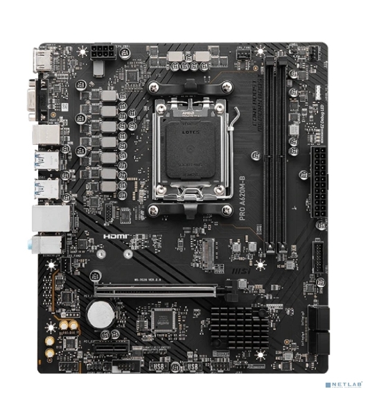 Материнская плата MSI PRO A620M-B, AM5, AMD A620, 2xDDR5, 4xSATA, 1xM.2 (PCIe 4.0 x4), 1xPCIe 4.0 x16, 1xPCIe 3.0 x1, 1xHDMI, 1xVGA, 1x2.5Gb LAN, 6xUSB-A 5Gbps, 6xUSB-A 2.0, 3x3.5 мм, 7.1, mATX