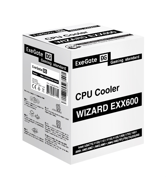 Кулер ExeGate Wizard EXX600-PWM.ARGb (Al+Cu, 6 тепл.трубки, LGA775/1150/1151/1155/1156/1200/1700/1851/AM2/AM2+/AM3/AM3+/AM4/AM5/FM1/FM2/754/939/940, TDP 180W, Fan 120мм PWM, 800-2400RPM, Hydro bearing, 4pin + 5V 3pin ARGb, 11-24db, 540г, ARGb подсветка, с термопастой, на защелках, Color Box)