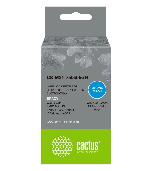 Картридж ленточный Cactus CS-M21-750595GN белый шрифт, зеленый фон (19.1 мм, 6.4 м) для Brady BMP21-PLUS, BMP21-LAB