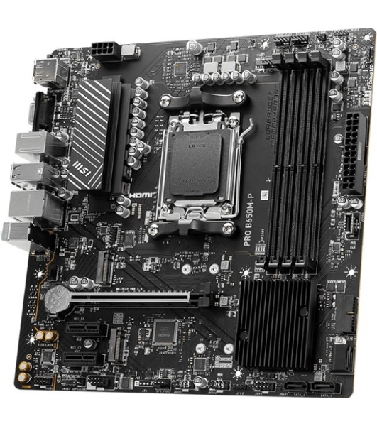 Материнская плата MSI PRO B650M-P, AM5, AMD B650, 4xDDR5, 4xSATA, 2xM.2, 1xPCI-E 4.0 x16, 2xPCI-E 4.0 x1, 1xHDMI, 1xDP, 1xVGA, 1x2.5Gb LAN, 2xUSB 3.2 Gen 1, 2xUSB 3.2 Gen 2, 3x3.5 мм, 7.1, Micro-ATX
