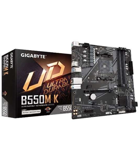 Материнская плата Gigabyte B550M K, AM4, AMD B550, 4xDDR4, 4xSATA, 2xM.2, 1xPCIe 4.0 x16, 1xPCIe x1, 1xHDMI, 1xDP, 1x 1Gb LAN, 4xUSB-A 3.2 Gen 1, 4xUSB-A 2.0, 3x3.5 мм, 7.1, mATX