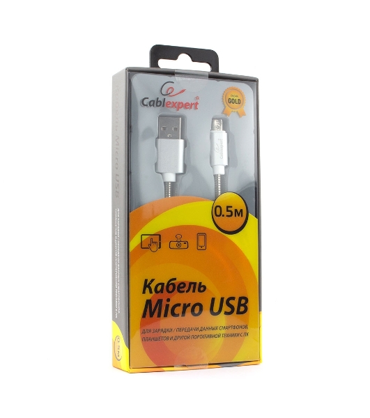 Кабель USB2.0 Cablexpert CC-G-mUSB02S-0.5M, AM/microB, серия Gold, длина 0.5м, серебро, блистер