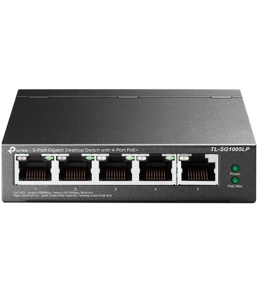 Коммутатор TP-Link 5-Port Gigabit Unmanaged Switch with 4-Port PoE+, metal case, desktop mount, PoE budget 40W.