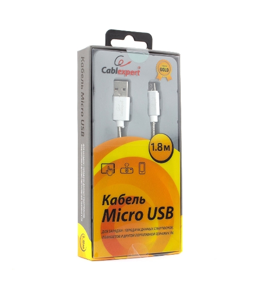 Кабель USB2.0 Cablexpert CC-G-mUSB02S-1.8M, AM/microB, серия Gold, длина 1.8м, серебро, блистер