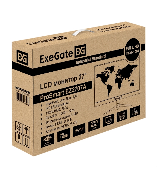 Монитор 27' ExeGate SmartView EZ2707A IPS 1920x1080, 75 Гц, 5 мс, 16:9, 250 кд/м2, 1xHDMI, 1xVGA, 1x3.5 мм, черный