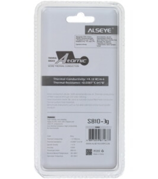 Термопаста ALSEYE T10 Thermal conductivity: 13.9W/m-k Color: Gray Conductivity: non-conductive specific gravity: 2.7g/cm³@25℃ Capacity: 1.2мл Weight: 2G