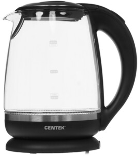 Электрочайник Centek CT-0015 черный/прозрачный, 2.0 л, 2200 Вт, скрытый нагревательный элемент
