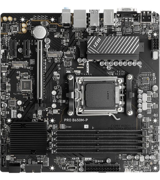 Материнская плата MSI PRO B650M-P, AM5, AMD B650, 4xDDR5, 4xSATA, 2xM.2, 1xPCI-E 4.0 x16, 2xPCI-E 4.0 x1, 1xHDMI, 1xDP, 1xVGA, 1x2.5Gb LAN, 2xUSB 3.2 Gen 1, 2xUSB 3.2 Gen 2, 3x3.5 мм, 7.1, Micro-ATX