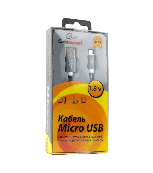 Кабель USB2.0 Cablexpert CC-G-mUSB02Gy-1.8M, AM/microB, серия Gold, длина 1.8м, титан, блистер