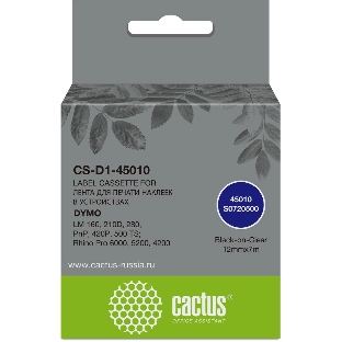 Картридж ленточный Cactus CS-D1-45010 12мм, черный шрифт, прозрачный фон, 7м для DYMO LM 160, 210D, 280, PnP, 420P, 500 TS; Rhino Pro 6000, 5200, 4200