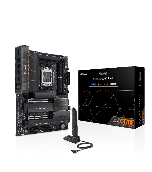 Материнская плата ASUS PROART X870E-CREATOR WIFI, AM5, AMD X870E, 4xDDR5, 4xSATA, 4xM.2, 2xPCIe 5.0 x16, 1xPCIe 4.0 x4, 2xUSB-C 40Gbps, 1xUSB-C 20Gbps, 7xUSB-A 10Gbps, 1xUSB-A 2.0, 1xDP (v1.4), 1xHDMI (v2.1), 1x10Gb LAN, 1x2.5Gb LAN, Wi-Fi 7, Bluetooth 5.4, 3x3.5 мм, 7.1, ATX
