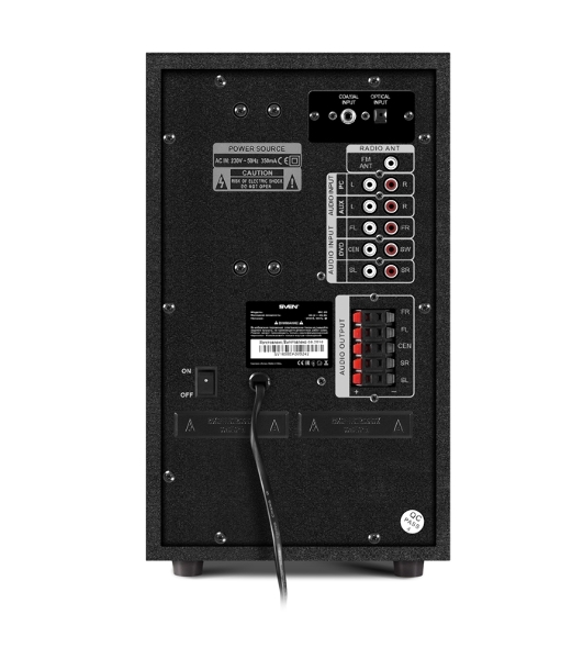 Аудиоколонки SVEN HT-210, черный, акустическая система 5.1, мощность (RMS):50Вт+5x15Вт, Bluetooth, Optical, Coaxial, FM-тюнер, USB/SD, дисплей, ПДУ