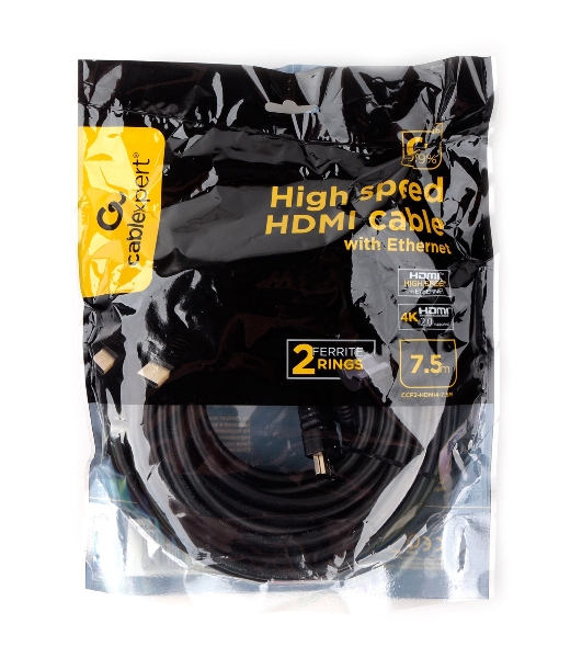 Кабель HDMI Cablexpert CCF2-HDMI4-7.5M, 19M/19M, v2.0, медь, позол.разъем, экран, 2 фер.кольца, 7.5м, черный, пакет