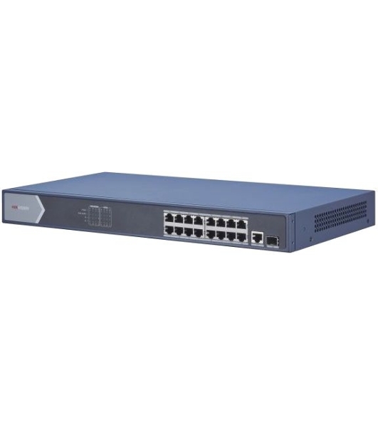 Коммутатор Hikvision DS-3E0518P-E, 16×1 Гбит/с PoE+ + 1×1 Гбит/с RJ45 + 1×1 Гбит/с SFP, неуправляемый