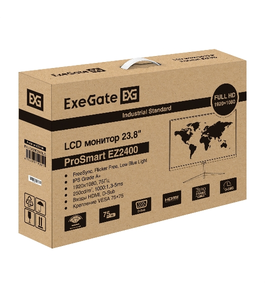 Монитор 23.8' ExeGate ProSmart EZ2400 IPS 1920x1080, 75 Гц, 5 мс, 16:9, 250 кд/м², HDMI 1.4, VGA, 3.5 Jack, HDR10, FreeSync, черный