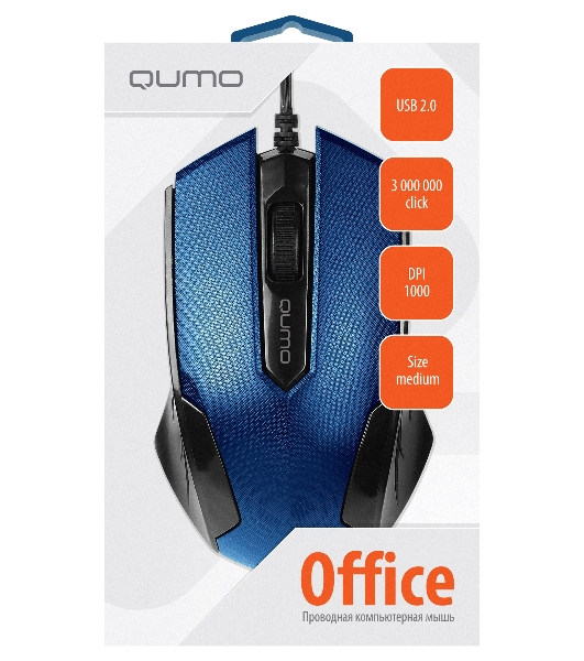 Мышь проводная Qumo Office M14 синий, 1000 dpi, USB, кнопки - 3