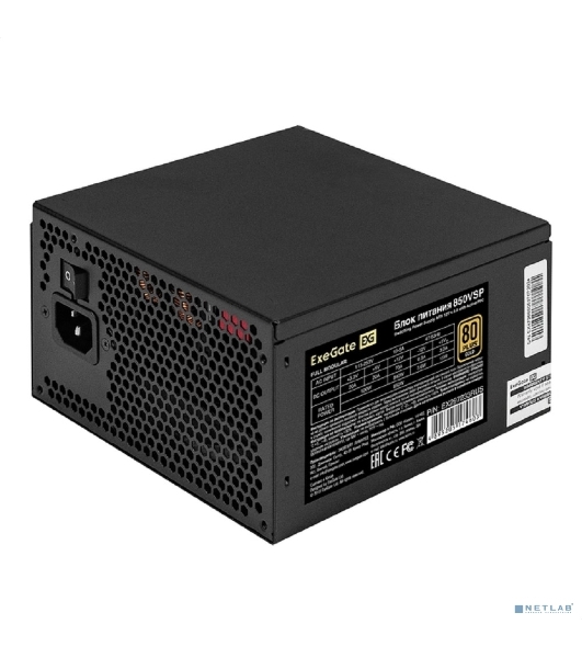 Блок питания 850W ExeGate 80 PLUS® GOLD 850VSP FС (ATX3.0, APFC, КПД 90% (80 PLUS Gold), 120мм fan, 24pin, 2x(4+4)pin, PCIE5.0/12VHPWR, 4xPCI-E, 6xSATA, 3xIDE, 1xFDD, Full Cable Management, black, Color box)