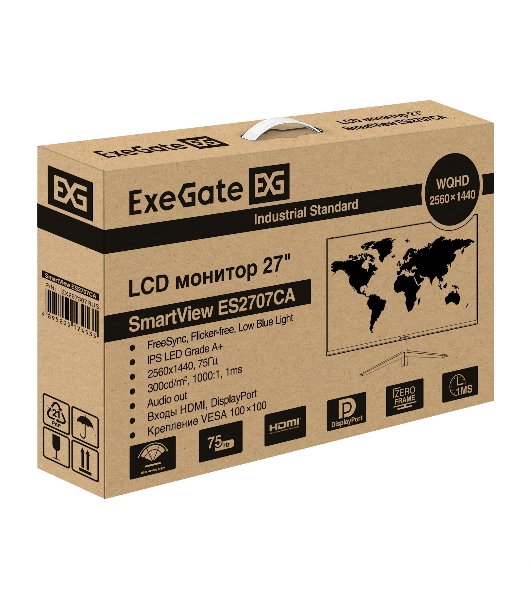Монитор 27' ExeGate SmartView ES2707CA IPS 2560x1440, 75 Гц, 1 мс, 16:9, 300 кд/м2, 1xHDMI, 1хDP, 1x3.5 мм, черный