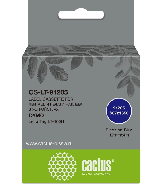 Картридж ленточный Cactus CS-LT-91205 черный шрифт, синий фон (12 мм, 4 м) для Dymo Letra Tag LT-100H