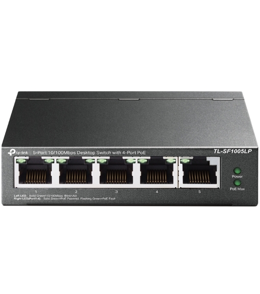 Коммутатор 5-Port 10/100Mbps Unmanaged Switch with 4-Port PoE, meta case, desktop mount, PoE budget 41W.