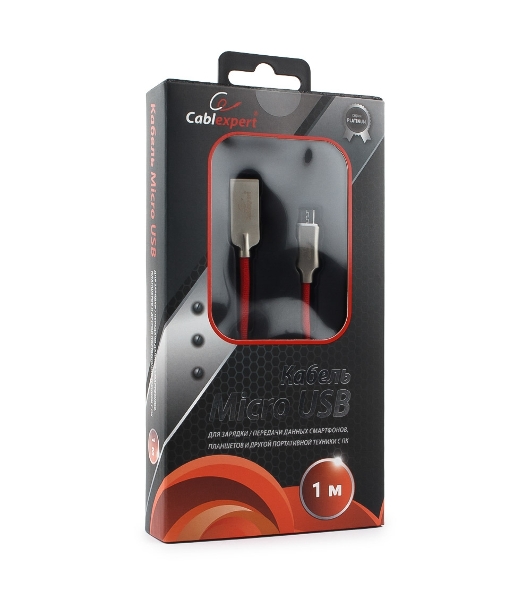 Кабель USB2.0 Cablexpert CC-P-mUSB02R-1M, AM/microB, серия Platinum, длина 1м, красный, блистер