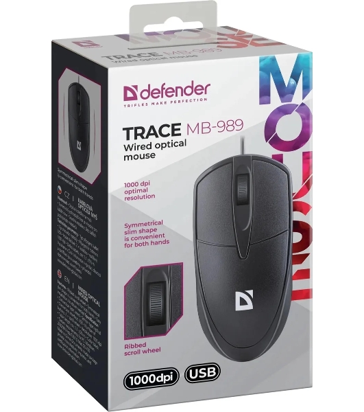 Мышь проводная Defender Trace MB-989 черный, 1000 dpi, USB, кнопки - 3