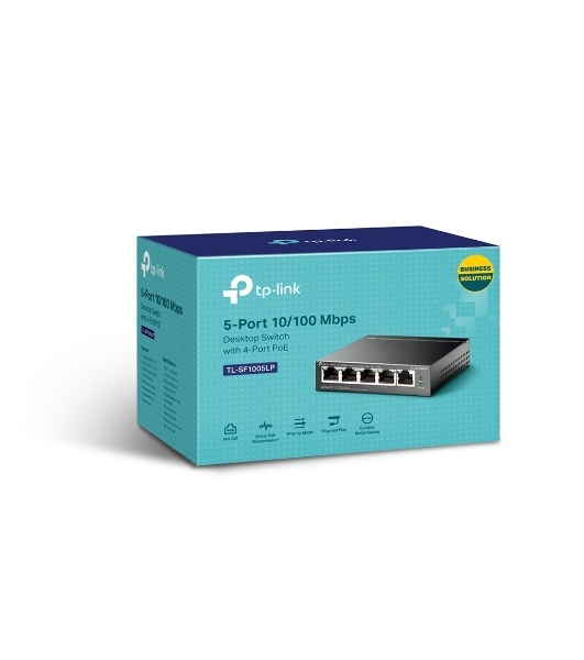 Коммутатор 5-Port 10/100Mbps Unmanaged Switch with 4-Port PoE, meta case, desktop mount, PoE budget 41W.