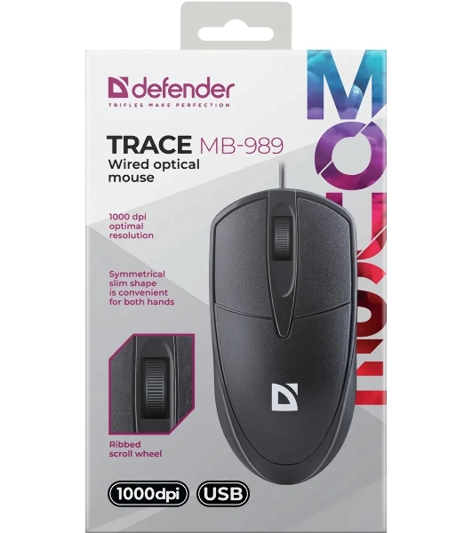 Мышь проводная Defender Trace MB-989 черный, 1000 dpi, USB, кнопки - 3