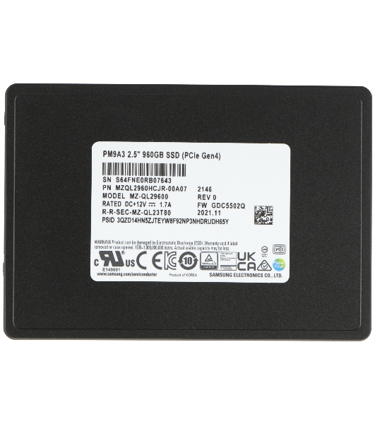 Накопитель SSD Samsung Enterprise PM9A3 черный MZQL2960HCJR-00A07 960Gb, PCIe 3.1 x4, 2.5', U.2, NVMe, R/W 3200/1100