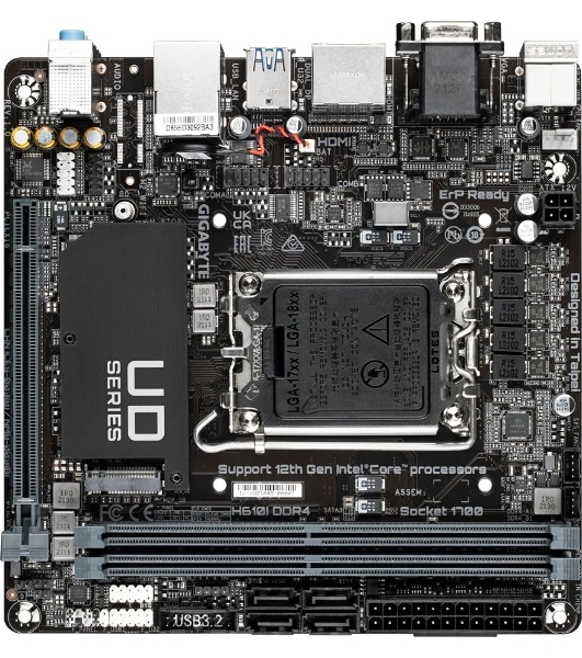 Материнская плата Gigabyte H610I DDR4, LGA 1700, Intel H610, 2xDDR4, 4xSATA, 1xM.2, 1xPCIe 4.0 x16, 1xHDMI, 1xVGA, 2xDP, 1x 1Gb LAN, 2xUSB-A 3.2 Gen 1, 4xUSB-A 2.0, 3x 3.5 мм, 7.1, Mini-ITX