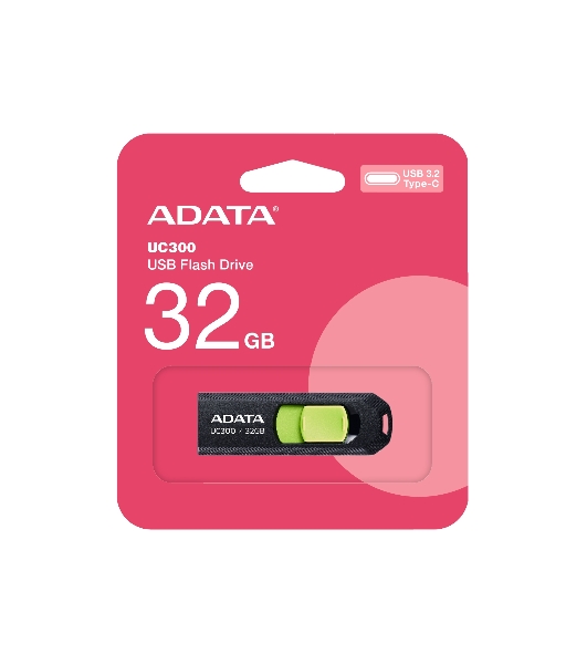 Флешка USB ADATA UC300 (ACHO-UC300-32G-RBK/GN), 32Gb, Type-C USB 3.2, R/W 100/30, черный/зеленый