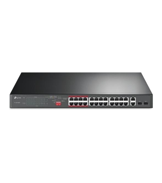 Коммутатор 24-port 10/100Mbps Unmanaged PoE+ Switch with 2 combo RJ-45/SFP uplink ports, metal case, rack mount, 24 802.3af/at compliant PoE+ ports, 2 gigabit combo RJ-45/SFP uplink ports, DIP switches for Extend mode, Isolation mode and Priority mode, up to 25