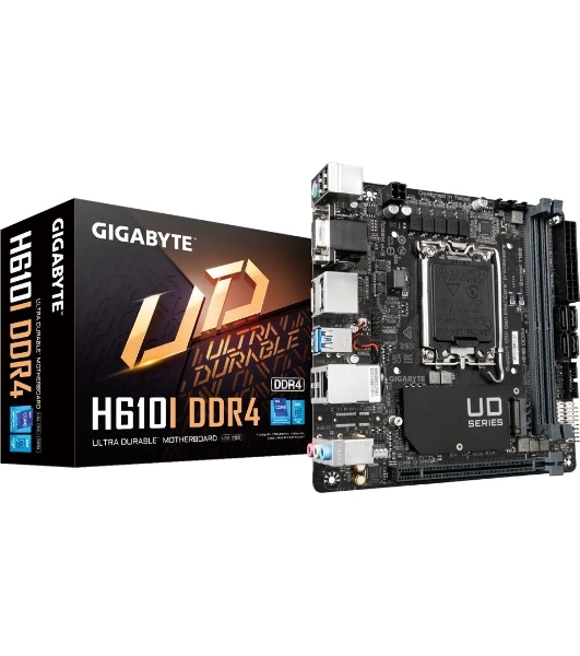 Материнская плата Gigabyte H610I DDR4, LGA 1700, Intel H610, 2xDDR4, 4xSATA, 1xM.2, 1xPCIe 4.0 x16, 1xHDMI, 1xVGA, 2xDP, 1x 1Gb LAN, 2xUSB-A 3.2 Gen 1, 4xUSB-A 2.0, 3x 3.5 мм, 7.1, Mini-ITX