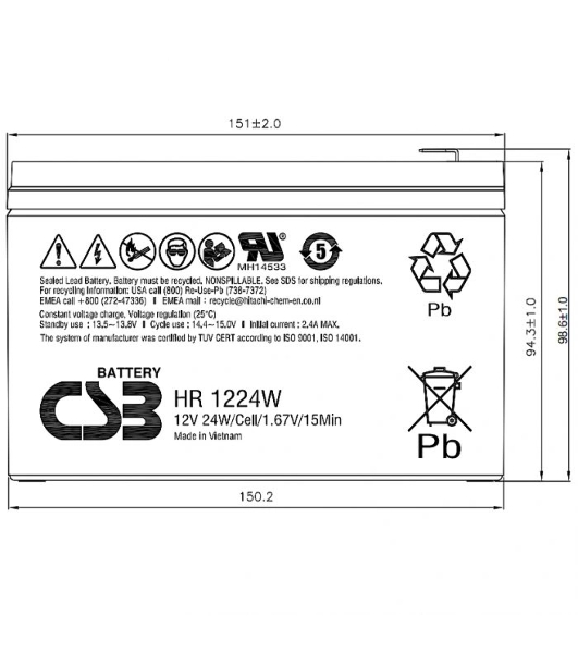 Батарея для ИБП CSB HR 1224W (12V, 5.5Ah)