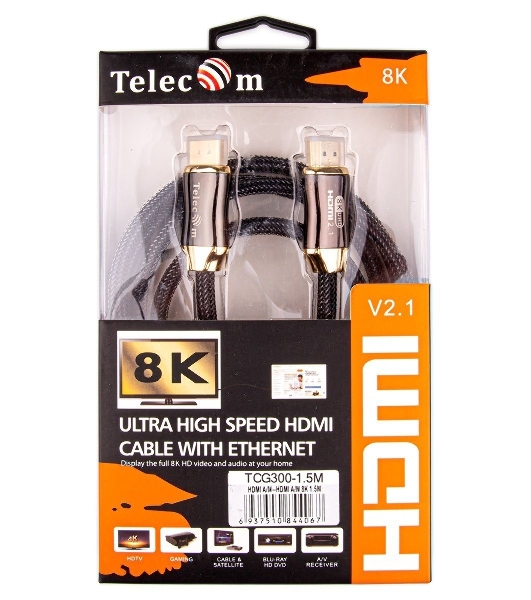 Кабель HDMI 19M/M,ver. 2.1, 8K@60 Hz 1.5m метал разъемы, нейлоновая оплетка Telecom TCG300-1.5M Кабель HDMI 19M/M,ver. 2.1, 8K@60 Hz 1.5m метал разъемы, нейлоновая оплетка Telecom