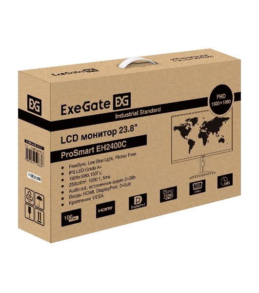 Монитор 23.8' ExeGate ProSmart EH2400C (IPS LED Grade A+, FHD, 1920x1080@100Гц, 16:9, 250cd/m2, 1000:1, 178°/178°, 3-5ms, audio-out, Speakers, D-Sub, HDMI, DisplayPort, кабель HDMI 1,5м, VESA, регулировка высоты (HAS), регулировка наклона (tilt), поворот экрана (swivel), поворот экрана на 90° (pivot), чёрный)