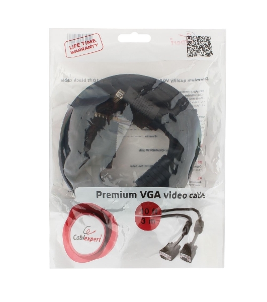 Кабель VGA Premium Cablexpert CC-PPVGA-10-B, 15M/15M, 3.0м, черный, тройной экран, феррит.кольца, пакет