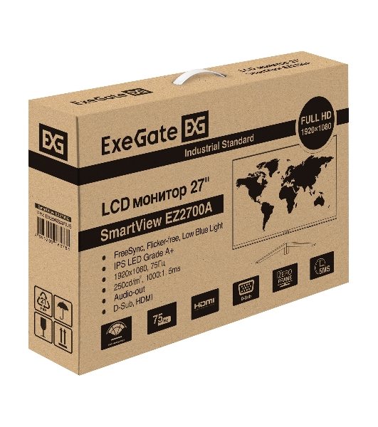 Монитор 27' ExeGate SmartView EZ2700A IPS 1920x1080, 75 Гц, 5 мс, 16:9, 250 кд/м2, 1xHDMI, 1xVGA, 1x3.5 мм, черный