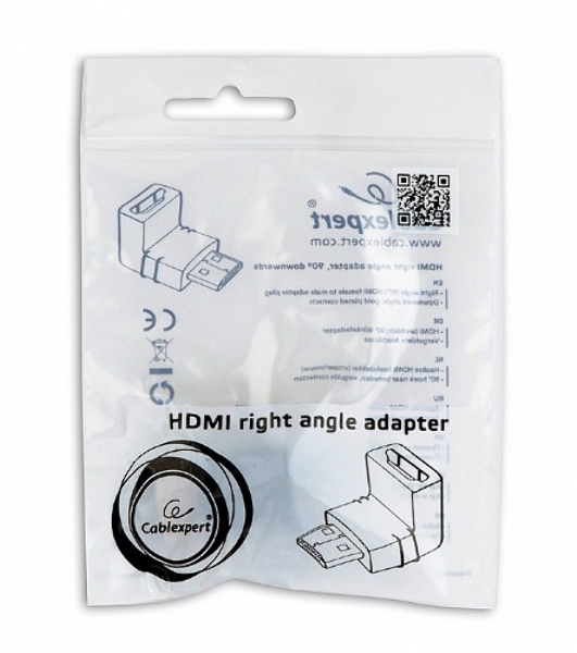 Переходник Cablexpert HDMI-HDMI 19F/19M, угловойсоединитель 90 градусов, золотые разъемы (A-HDMI90-FML)